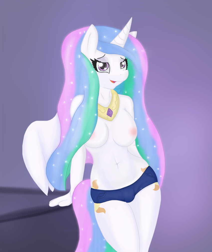 bedroom_eyes booponies breasts clothing cutie_mark equine feathers female fingers friendship_is_magic fur hair hands horn horse long_hair looking_at_viewer mammal multi-colored_hair my_little_pony navel necklace nipples open_mouth pink_eyes princess_celestia_(mlp) shorts smile solo standing topless white_fur winged_unicorn wings