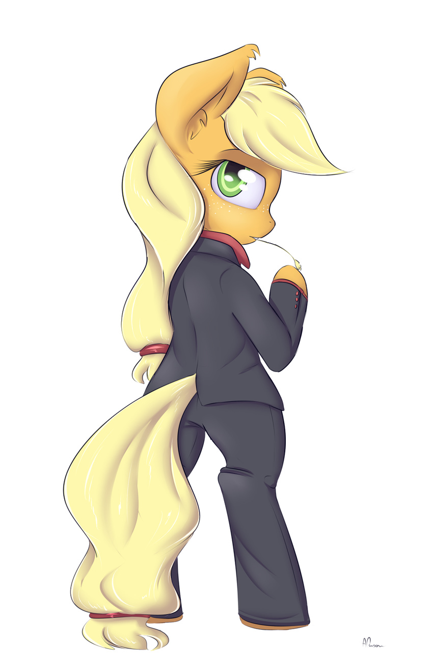 alasou alpha_channel applejack_(mlp) bipedal blonde_hair clothing equine female friendship_is_magic fur green_eyes hair horse looking_at_viewer looking_back mammal my_little_pony orange_fur plain_background pony solo suit transparent_background
