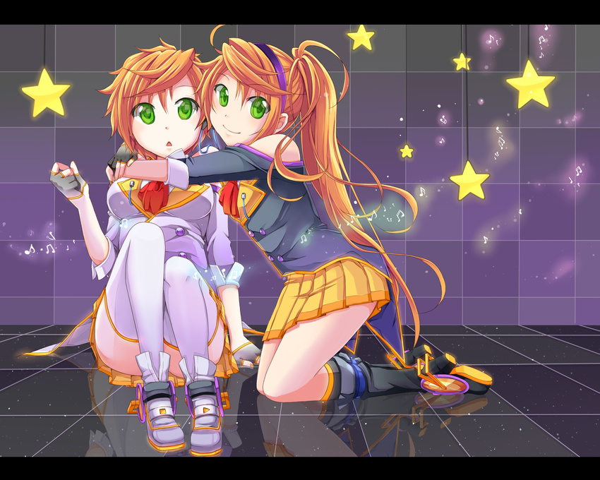 2girls aira_(exp) anon_(vocaloid) boots gloves green_eyes hug kanon_(vocaloid) long_hair orange_hair ponytail short_hair skirt thighhighs twins vocaloid