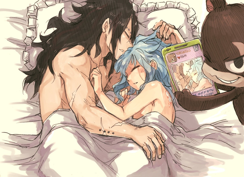 1boy 1girl bed black_hair blue_hair cellphone couple fairy_tail gajeel_redfox grin levy_mcgarden long_hair nude pantherlily phone rboz rusky scar scars sleeping smartphone smile