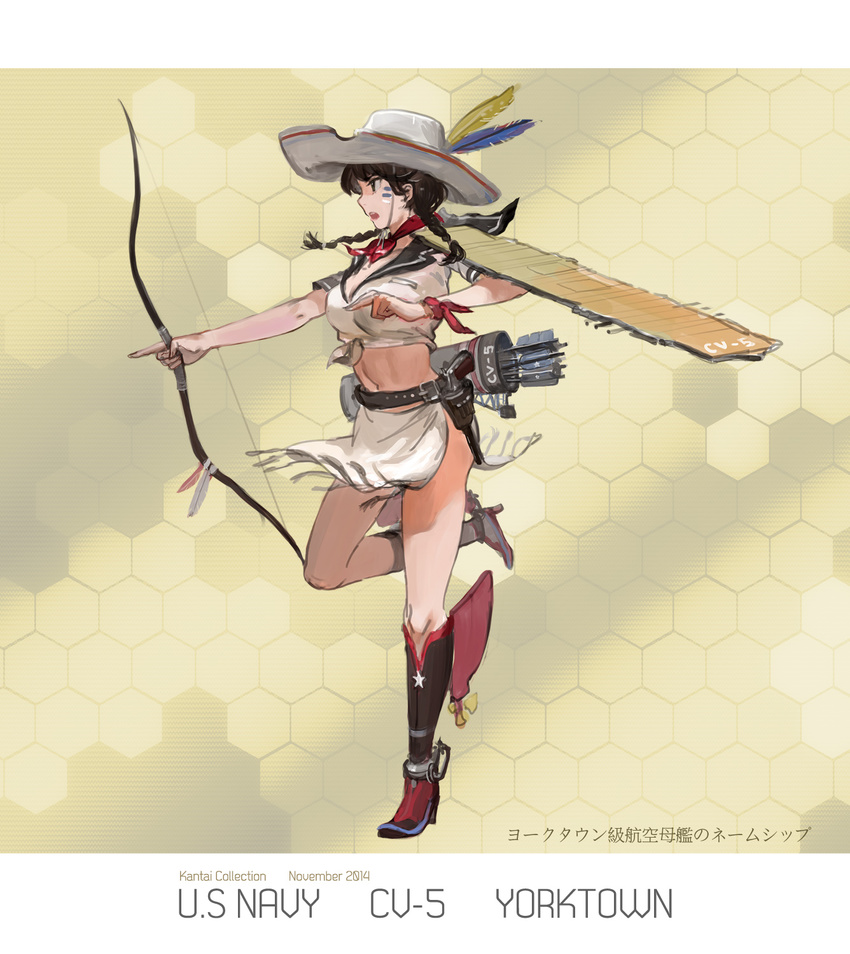 america arrow belt blush bow_(weapon) braid breasts brown_eyes brown_hair cowboy_hat crop_top facial_mark full_body gun handgun hat highres holding holding_bow_(weapon) holding_weapon holster jeanex kantai_collection kneehighs large_breasts left-handed midriff navel open_mouth original pacific quiver revolver short_hair solo twin_braids us_navy uss_yorktown_(cv-5) weapon yorktown_(pacific)