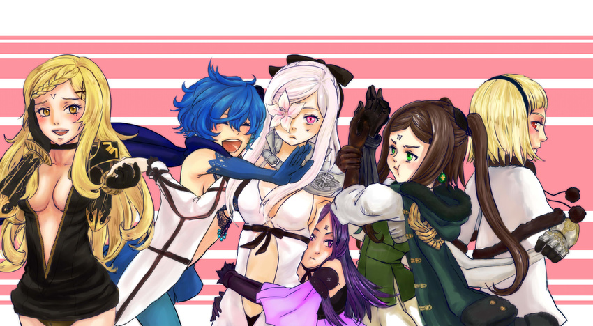 6+girls :t armor artist_request bare_shoulders blonde_hair blue_hair blush breasts brown_hair cape choker detached_sleeves drag-on_dragoon drag-on_dragoon_3 dress earrings eyepatch five_(drag-on_dragoon) flower four_(drag-on_dragoon) gauntlets glomp gloves green_eyes hairband hand_holding hug jewelry long_hair multiple_girls one_(drag-on_dragoon) open_mouth pink_eyes purple_eyes purple_hair red_eyes scarf short_hair smile sweatdrop three_(drag-on_dragoon) twintails two_(drag-on_dragoon) white_hair yellow_eyes zero_(drag-on_dragoon)