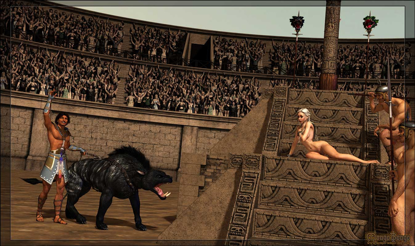 arena black_fur cheering crowd daenerys_targaryen drogon fur game_of_thrones guard hair harness human leash lying mammal mongo_bongo monster nude penis polearm rhaegal spear tongue vyserion warrior white_hair