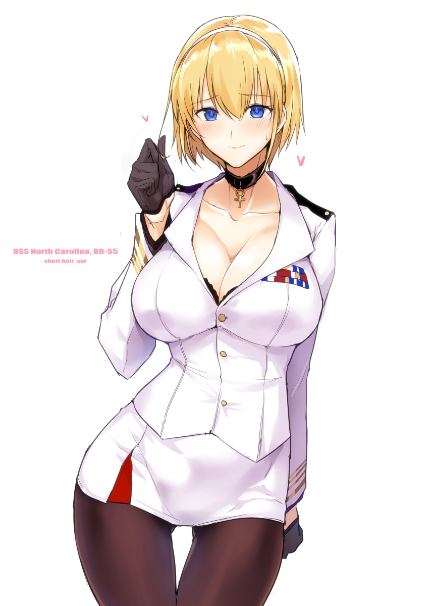 1girl absurdres azur_lane bangs black_gloves blonde_hair blue_eyes blush breasts brown_legwear buttons character_name choker cleavage closed_mouth collarbone commentary_request cross cross_choker gloves hair_between_eyes hairband hand_up harukon_(halcon) heart highres hips jacket large_breasts long_sleeves looking_at_viewer military military_uniform miniskirt north_carolina_(azur_lane) pantyhose short_hair simple_background skirt smile solo thighs uniform white_background white_jacket white_skirt