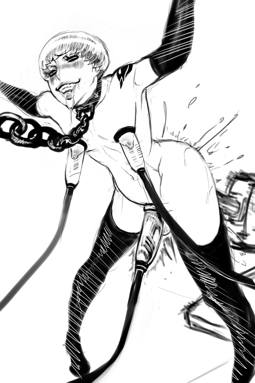 1boy ahegao anal anal_insertion anal_object_insertion armpits arms_up blush boy collar cum cumhunter elbow_gloves gloves leash male male_focus md5_mismatch milking_machine monochrome navel nude object_insertion penis penis_milking saliva short_hair solo tattoo thighhighs yaoi