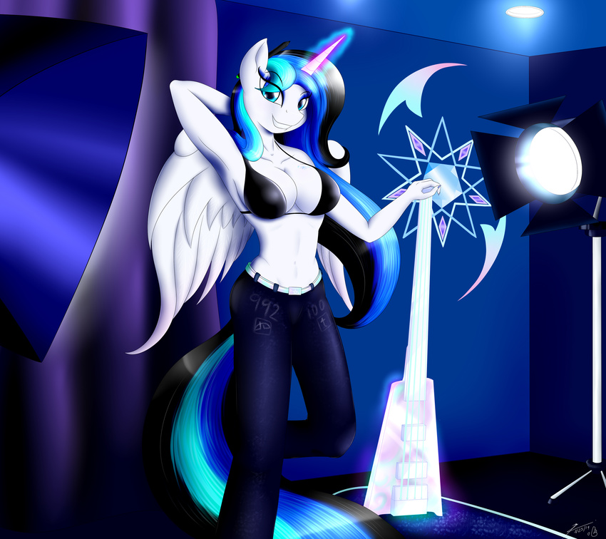 absurd_res anthro anthrofied belt black_hair blue_hair blumagpie bra breasts cleavage clothed clothing deviantart equine female glowing guitar hair hi_res horn jeans looking_at_viewer mammal my_little_pony navel original_character pegasus solo spotlight standing stylus two_tone_hair underwear unicorn winged_unicorn wings