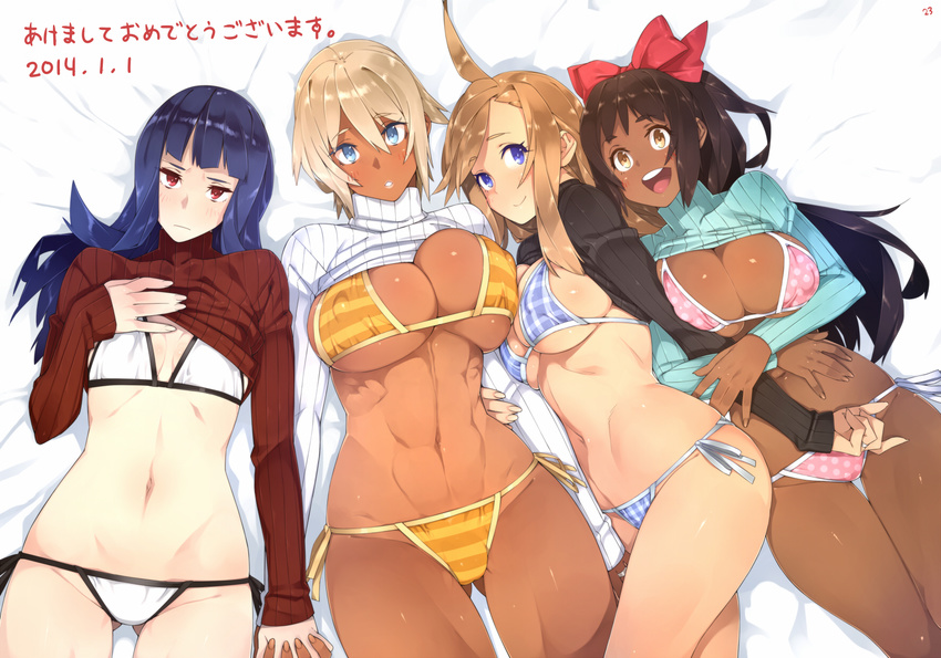 23_(real_xxiii) 4girls abs bikini black_hair blue_eyes blush breasts brown_hair dark_skin female highres jewelry large_breasts looking_at_viewer lying multiple_girls on_back on_side original real_xxiii red_eyes ring shirt_lift small_breasts swimsuit translated translation_request wedding_band yellow_eyes