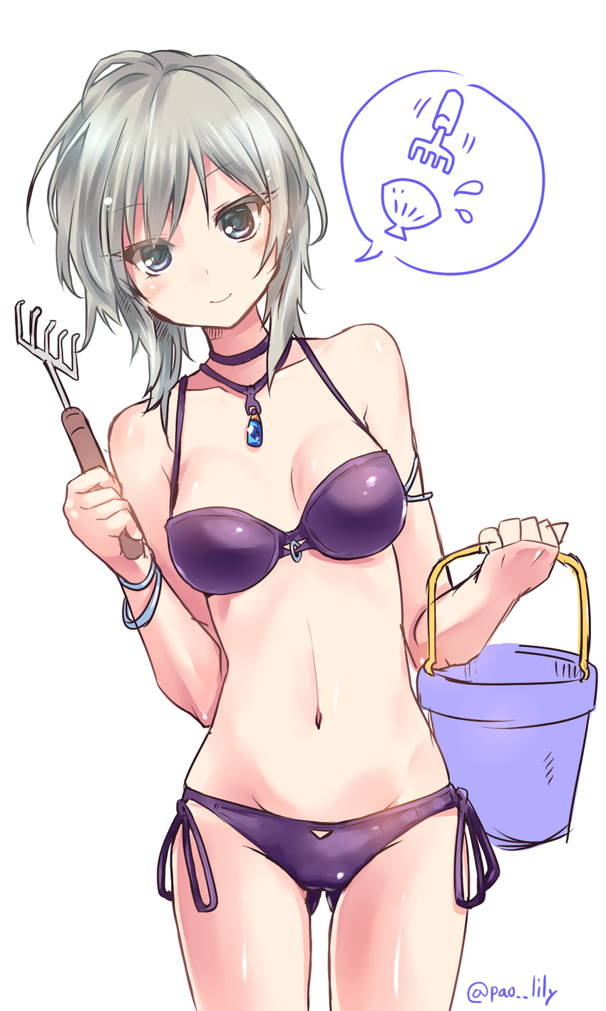 anastasia_(idolmaster) bad_id bad_pixiv_id bangs bikini blush bracelet breasts bucket closed_mouth eyebrows_visible_through_hair grey_eyes head_tilt highres holding holding_bucket idolmaster idolmaster_cinderella_girls jewelry looking_at_viewer medium_breasts navel necklace paopao purple_bikini rake shiny shiny_skin short_hair side-tie_bikini side-tie_bottom silver_hair simple_background speech_bubble swimsuit white_background