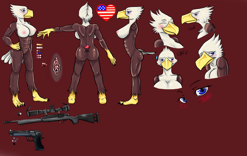 abs america avian bald_eagle beak bird breasts claws eagle female gun jacklyn_morgonel model_sheet multiple_poses pistol pussy ranged_weapon rue_hawthorne smaller_version_at_the_source sniper_rifle solo talons weapon