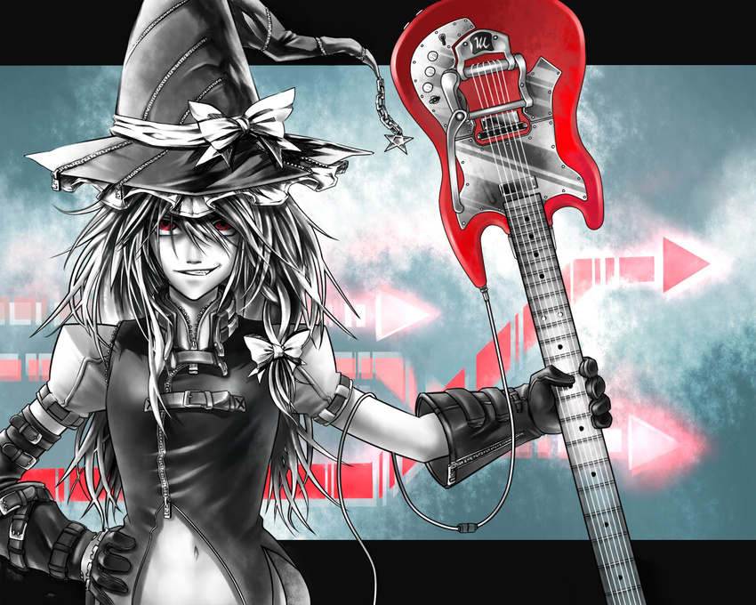 adapted_costume bad_id bad_pixiv_id gloves grin guitar hat hat_ribbon holding instrument ioridonmax13 kirisame_marisa monochrome navel red_eyes ribbon short_sleeves smile smirk solo spot_color touhou zipper