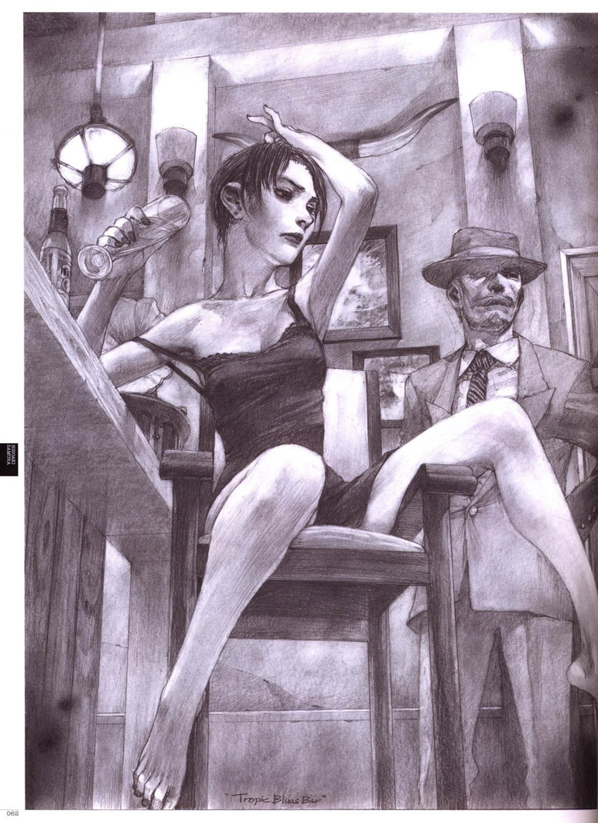 bar barefoot black_hair bottle chair dress facial_hair formal glass hat highres hiroaki_samura monochrome mustache open_legs pencil realistic short_hair spread_legs suit toes