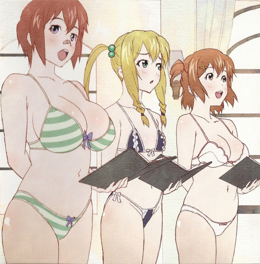 3girls blonde_hair blush bra breasts brown_hair green_eyes highres himegami_kodama kushiya_inaho large_breasts maken-ki! multiple_girls official_art open_mouth panties purple_eyes red_hair shinatsu_azuki short_hair small_breasts smile standing underwear