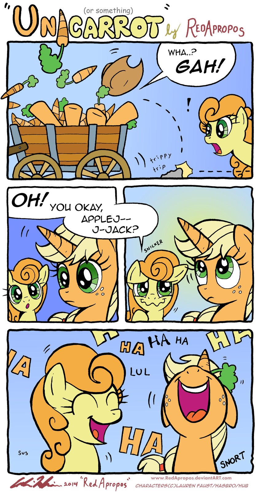 absurd_res applejack_(mlp) blonde_hair carrot carrot_top_(mlp) comic cowboy_hat dialog duo english_text equine female freckles friendship_is_magic green_eyes hair hat hi_res horse laugh mammal my_little_pony orange_hair pony redapropos rock text wagon