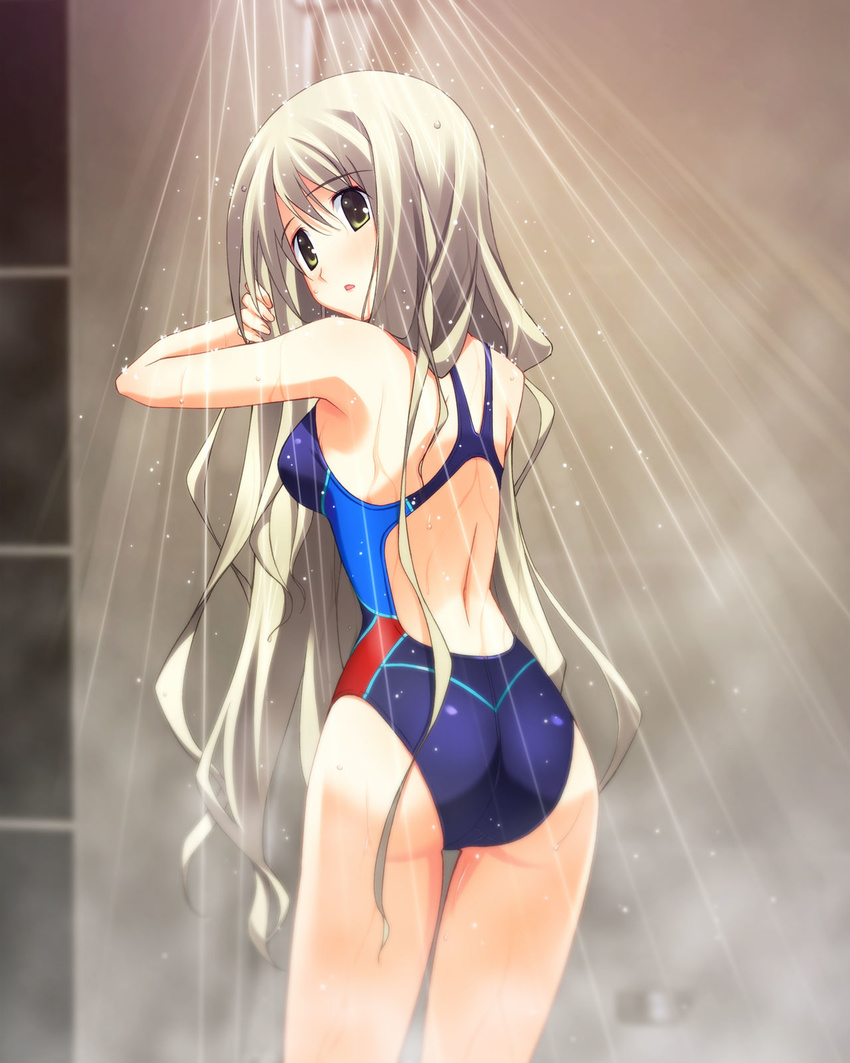 5pb. armpits ass back bare_shoulders blonde_hair chaos;head chaos;head_love_chu_chu! competition_swimsuit highres kusunoki_yua long_hair looking_at_viewer looking_back matsuo_yukihiro nitroplus official_art one-piece_swimsuit open_mouth showering solo standing swimsuit very_long_hair yellow_eyes