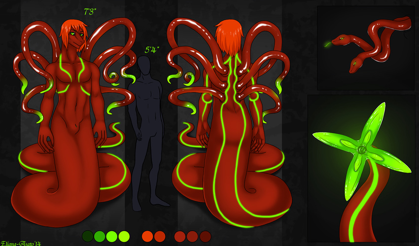 back eliana-asato front genital_slit glowing green_eyes hair invalid_color long_tail male model_sheet naga orange_hair red_skin short_hair slit snakes standing tentacles