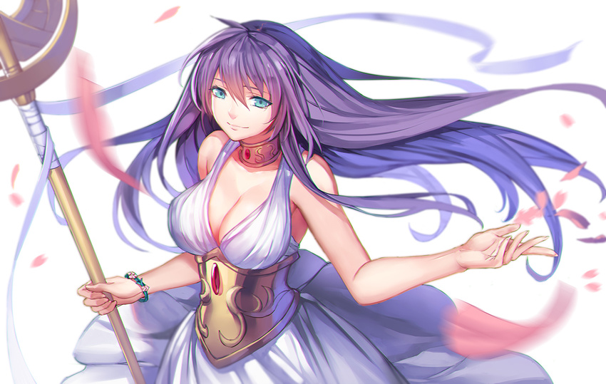 athena_(saint_seiya) blue_eyes blush breasts choker cleavage dress large_breasts long_hair looking_at_viewer pen_(steelleets) purple_hair saint_seiya saint_seiya:_the_lost_canvas sasha_(saint_seiya:_the_lost_canvas) simple_background smile solo staff very_long_hair white_background