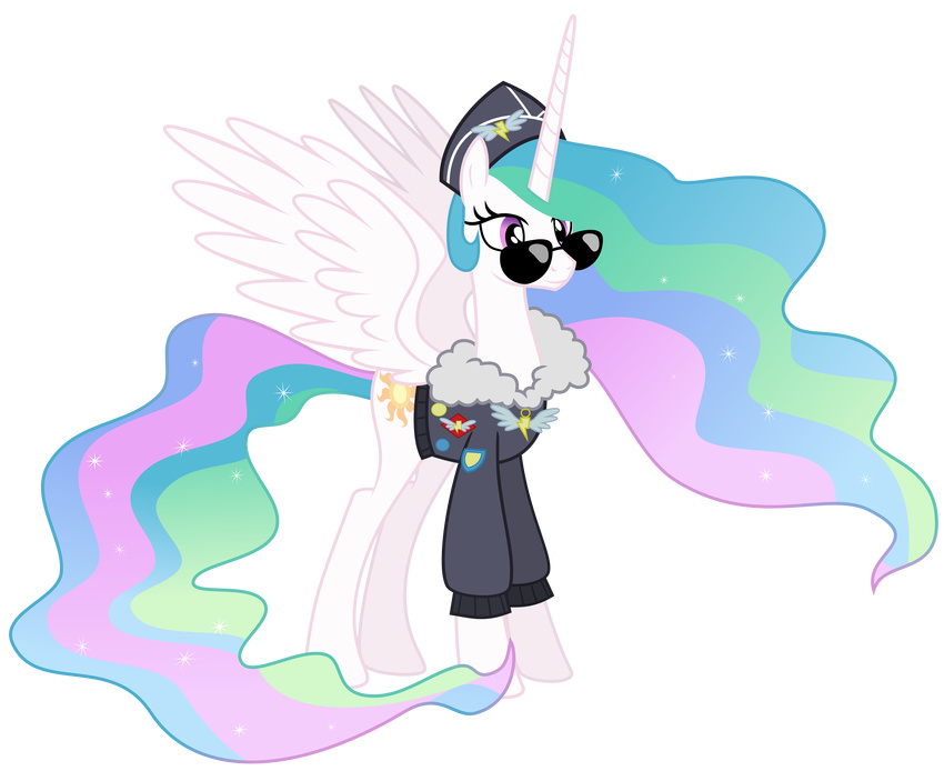 absurd_res alpha_channel costume cutie_mark equine eyewear female feral friendship_is_magic hair hat hi_res horn horse jacket magister39 mammal multi-colored_hair my_little_pony plain_background pony princess_celestia_(mlp) purple_eyes solo sunglasses transparent_background winged_unicorn wings