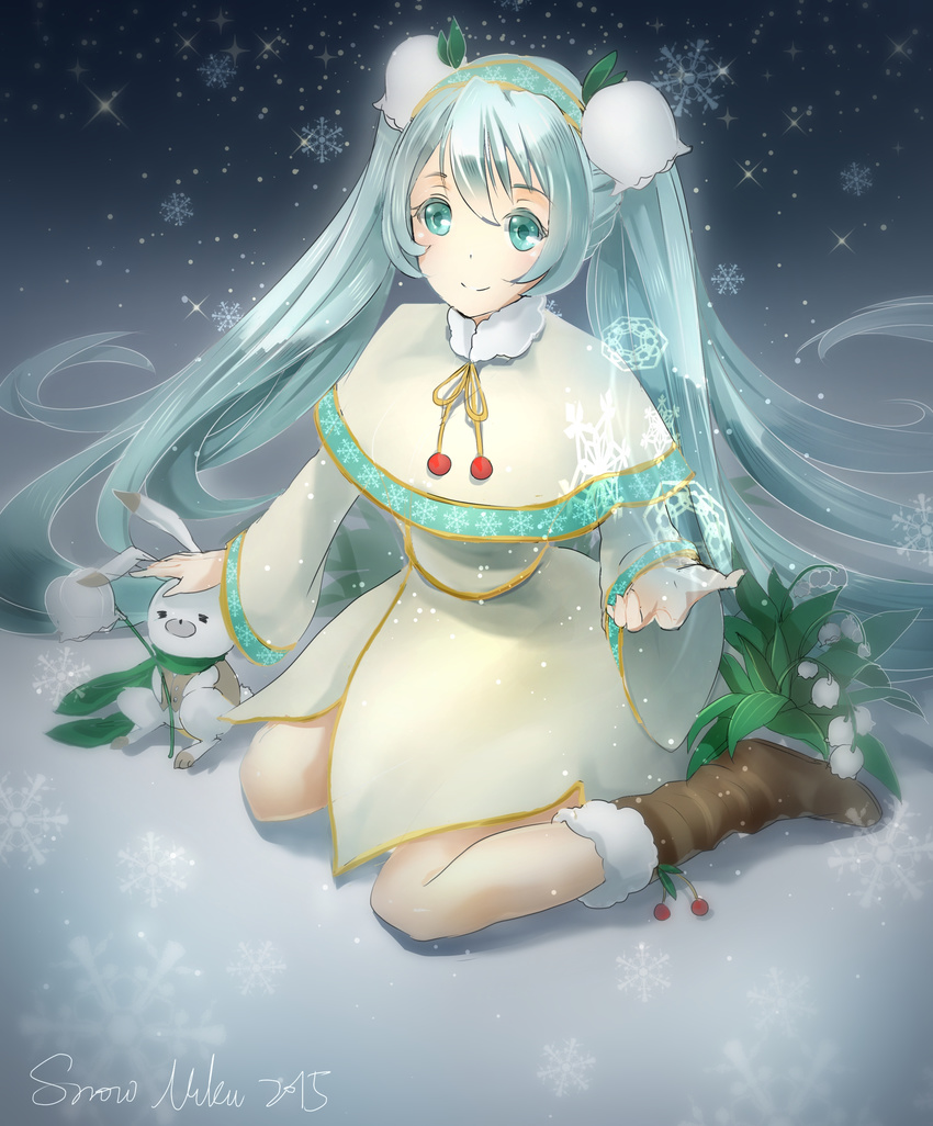 2015 absurdres aqua_eyes aqua_hair boots bunny character_name hatsune_miku highres long_hair namari_(angelaqxi) sitting smile snow snowflakes snowing twintails very_long_hair vocaloid wariza yuki_miku yukine_(vocaloid)