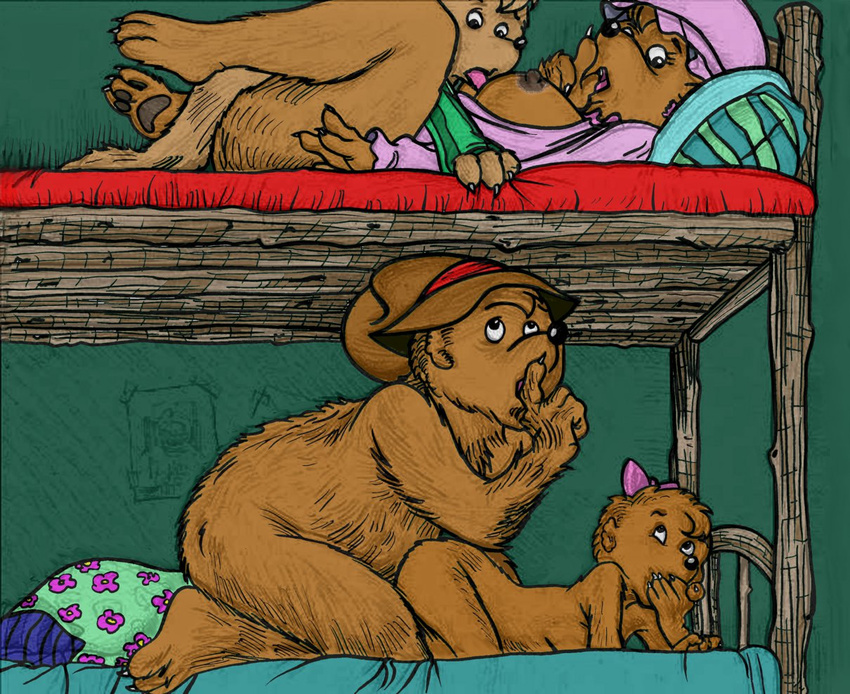 bear bed berenstain_bears bottomless bow breast_lick breasts brother_bear brother_bear_(character) brown_fur cub doggystyle female from_behind fur group hat incest licking lying male mama_bear mammal missionary_position nipples nude on_back pandora's_box pandora's_box papa_bear penetration pillow sex sister_bear spread_legs spreading straight tongue young