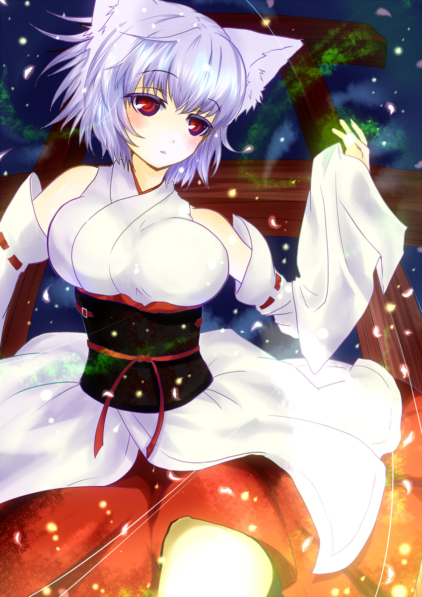 absurdres animal_ears bare_shoulders blush breasts detached_sleeves hat highres inubashiri_momiji japanese_clothes kotarou_(yukina1721) large_breasts red_eyes short_hair silver_hair solo touhou wolf_ears