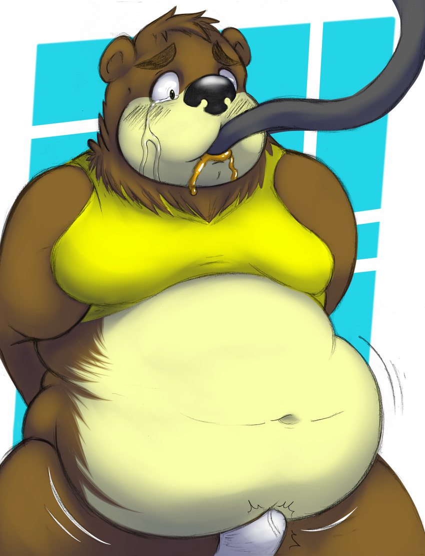 absurd_res anthro bdsm bear belly blush bondage bound bulge chubby clothed clothing eating erection feeding food force_feeding forced fur gay goo greg hi_res inflation jelly male mammal moobs obese overweight penis plain_background shirt slime solo stuffing tuft underwear werepyre-warrior