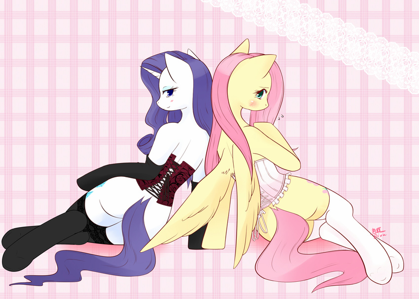 anthro anthrofied blue_eyes blush butt corset cutie_mark diva duo elbow_gloves equine eyelashes eyeshadow female fluttershy_(mlp) friendship_is_magic fur gloves hair horn legwear lesbian long_hair looking_at_viewer makeup mammal my_little_pony pegasus pink_hair purple_hair rarity_(mlp) stockings unicorn white_fur wings yellow_fur