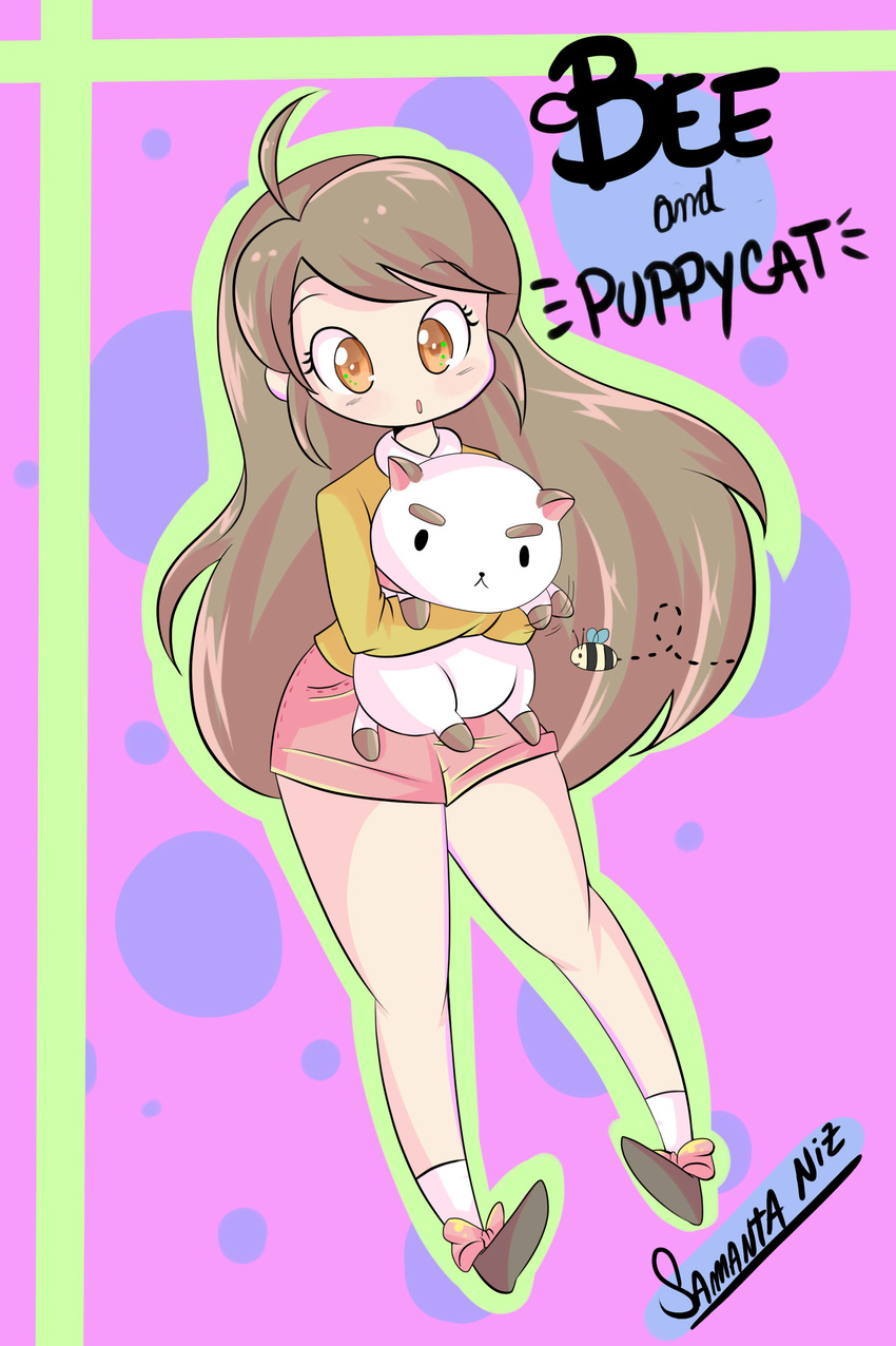 :o absurdres ahoge animal artist_name bee bee_(bee_and_puppycat) bee_and_puppycat brown_eyes brown_hair bug commentary_request copyright_name highres holding holding_animal insect long_hair outline puppycat samantha_niz shorts