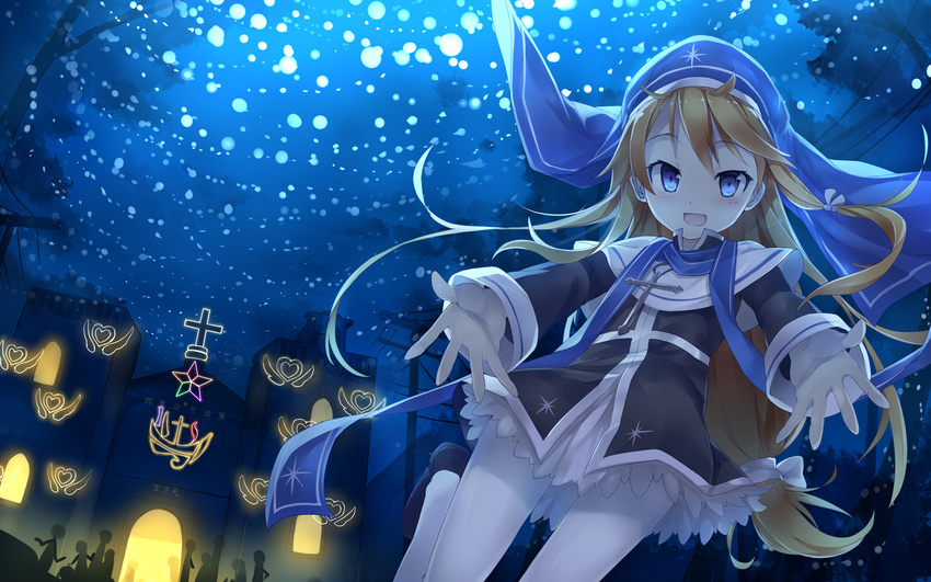 2013 blonde_hair blue_eyes blush chinese christianity church copyright_name cross fred04142 habit hair_ribbon highres long_hair magi_in_wanchin_basilica night nun outdoors outstretched_arms outstretched_hand pantyhose power_lines ribbon shoes smile solo standing wallpaper white_legwear xiao_ma