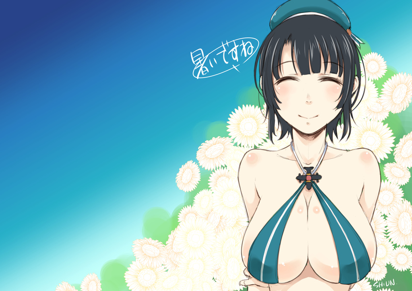 ^_^ adapted_costume beret black_hair blush breasts cleavage closed_eyes criss-cross_halter flower gradient gradient_background halter_top halterneck hat highres kantai_collection large_breasts shiun short_hair signature smile solo takao_(kantai_collection) wallpaper