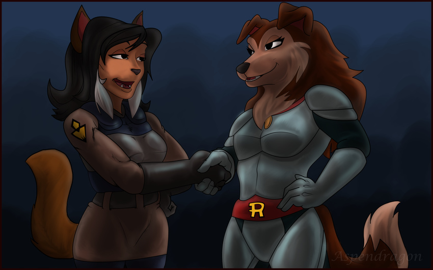 anthro aspendragon breasts canine cat colleen crossover dog eye_contact felina_feral feline female handshake hi_res mammal road_rovers smile swat_kats