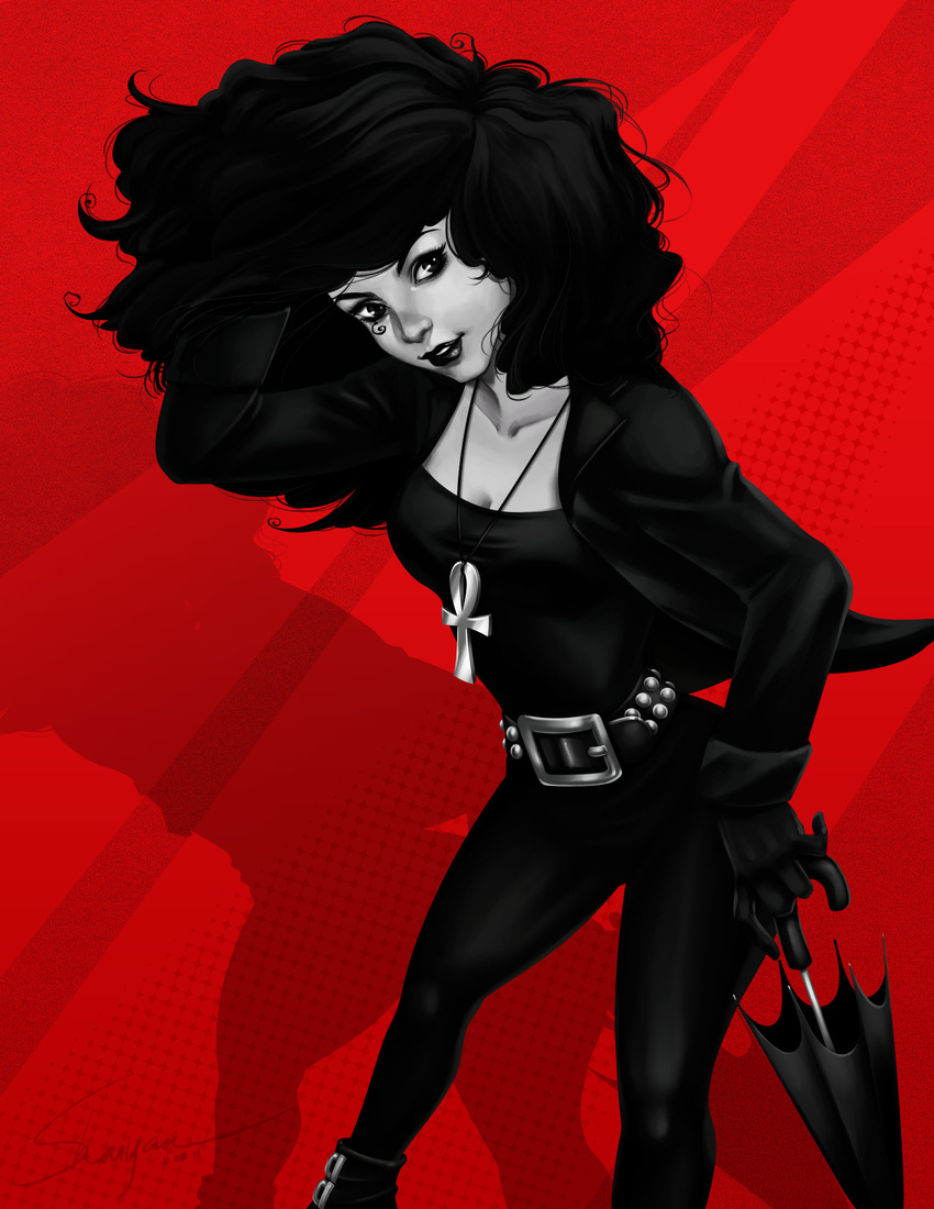 1girl ankh belt black_eyes black_gloves black_hair black_pants black_shoes boots dc_comics death_(dc) death_(entity) female gloves highres jacket jewelry necklace pants shaiyan shoes solo studded_belt the_sandman umbrella