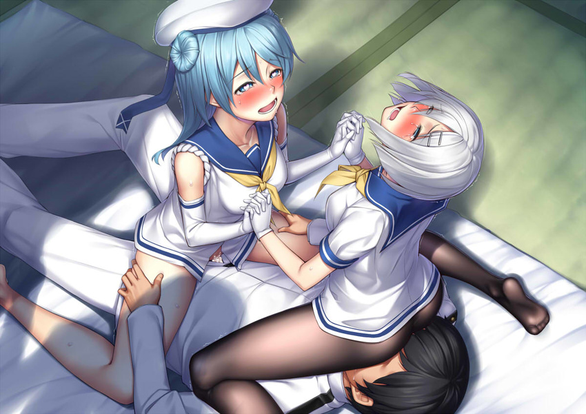 2girls admiral_(kantai_collection) ass blue_eyes blue_hair blush bottomless clothed_sex cum cum_in_pussy cunnilingus cunnilingus_through_clothes elbow_gloves gloves h_kasei hamakaze_(kantai_collection) hat heart heart-shaped_pupils hetero holding_hands interlocked_fingers kantai_collection long_hair multiple_girls no_pants open_fly oral orgasm pantyhose petite school_uniform serafuku sex short_hair short_sleeves silver_hair symbol-shaped_pupils tears urakaze_(kantai_collection) vaginal white_gloves white_hat