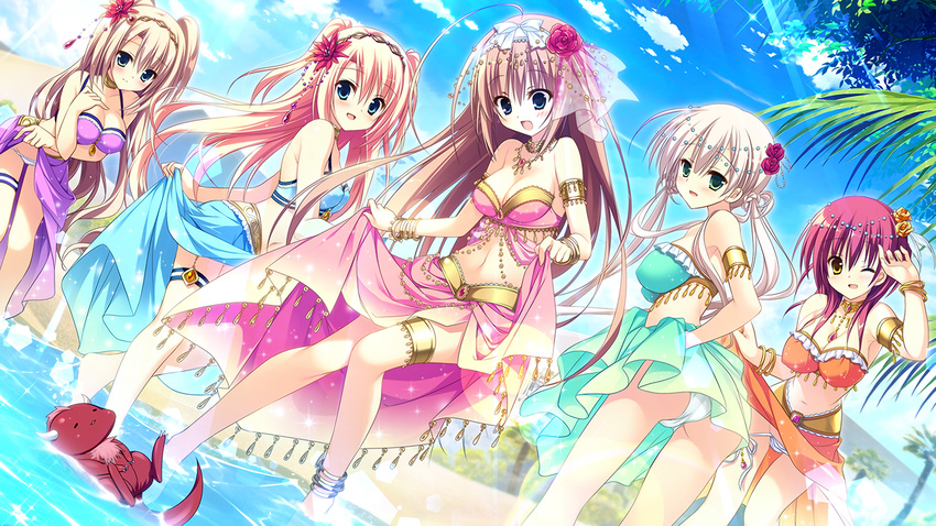 :d ;d asakura_hayate ass bad_id bad_yandere_id baragon_(majokoi) beach bikini bikini_bottom blonde_hair blue_eyes bracelet breasts brown_hair cleavage day dragon green_eyes grey_hair harem_outfit headband highres inugami_kira jewelry kashiwabara_mii kozakura_ryou legs long_hair majo_koi_nikki medium_breasts multiple_girls nanno_alice necktie ocean one_eye_closed open_mouth outdoors pink_hair sand short_hair side-tie_bikini smile suou_hijiri swimsuit tokeizaka_kanon tokeizaka_rei trefoil water yellow_eyes