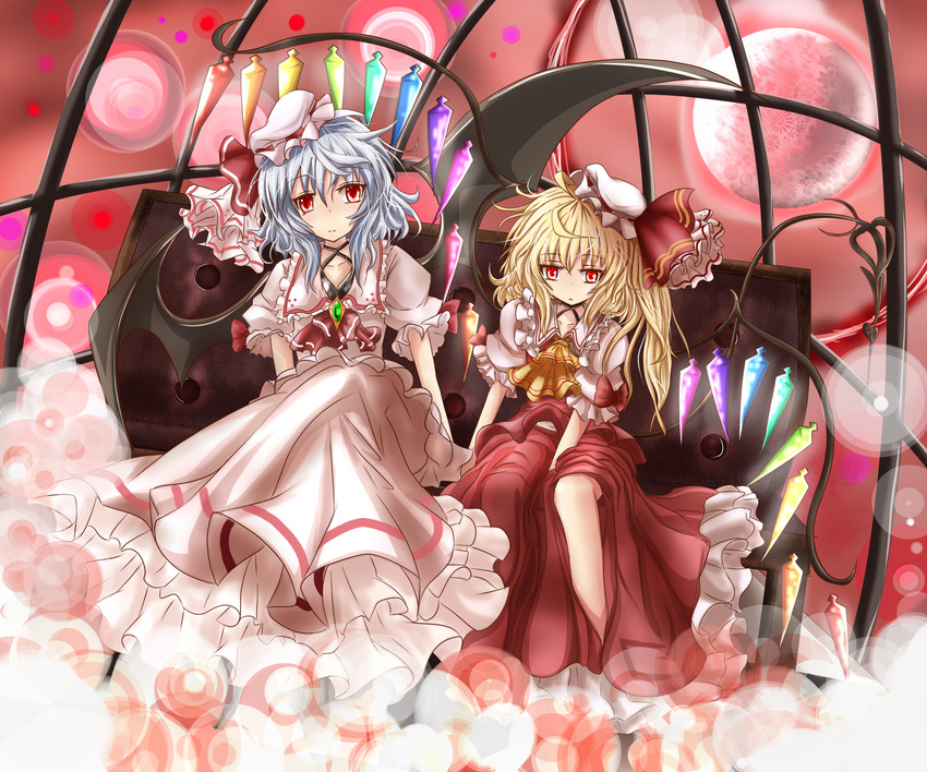 bat_wings blonde_hair blue_hair flandre_scarlet haru_ion hat highres multiple_girls one_side_up ponytail red_eyes remilia_scarlet short_hair siblings sisters touhou wings