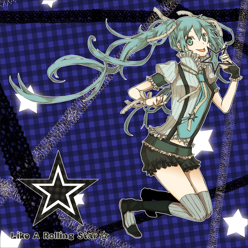 :p asymmetrical_clothes belt blue_eyes blue_hair boots buzz frills gloves hatsune_miku highres lace like_a_rolling_star_(vocaloid) long_hair navel necktie plaid plaid_star ribbon shorts single_glove skirt solo star suspenders thighhighs tongue tongue_out twintails vocaloid