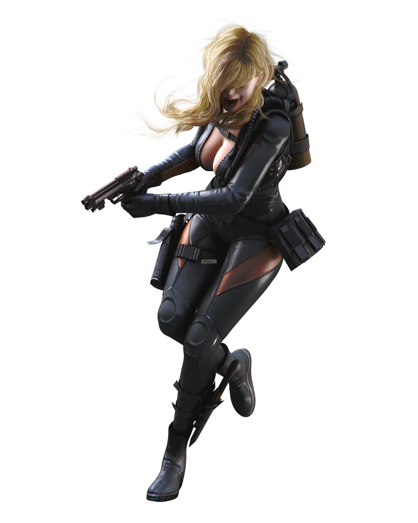 1girl absurdres belt blonde_hair bodysuit breasts capcom cleavage collarbone ears eyeless formal hair_over_eyes highres hips large_breasts legs lips midriff navel no_bra official_art open_mouth open_suit rachael_foley rachel_(resident_evil) rachel_foley resident_evil resident_evil_revelations shiny skin_tight solo suit teeth tongue unzipped wetsuit