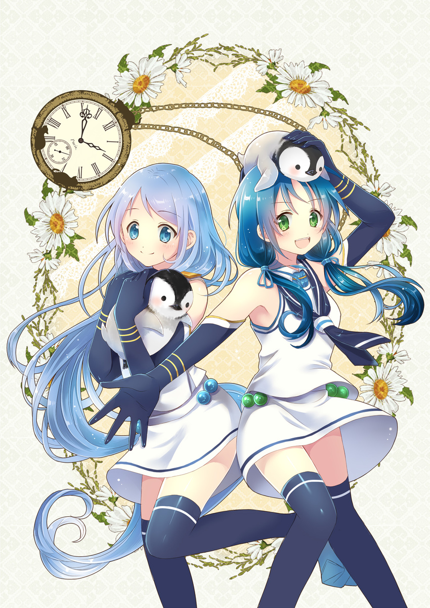 bird blue_eyes blue_hair elbow_gloves gloves green_eyes highres kantai_collection long_hair low_twintails multiple_girls open_mouth penguin samidare_(kantai_collection) school_uniform serafuku serino_itsuki skirt smile suzukaze_(kantai_collection) thighhighs twintails