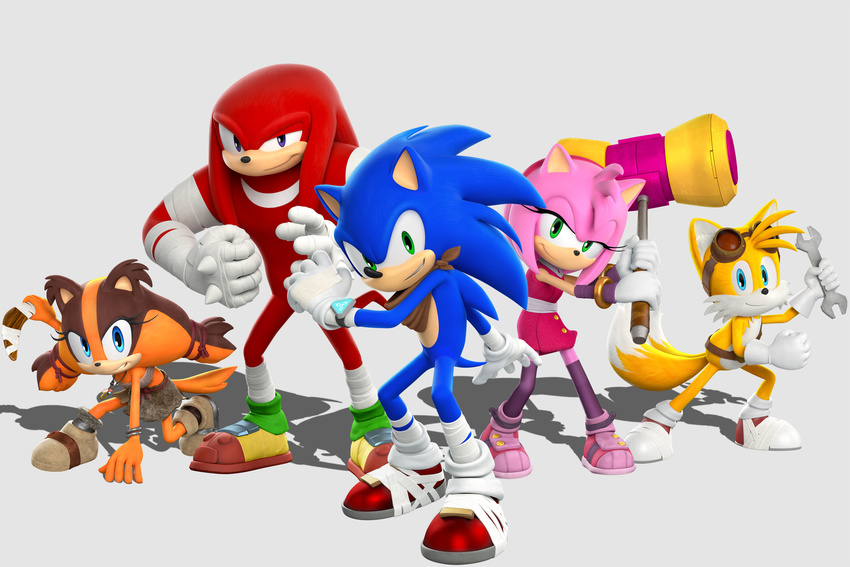 2girls amy_rose boomerang gloves goggles hammer highres knuckles_the_echidna mallet miles_prower miles_tails_prower multiple_girls official_art scarf simple_background sonic sonic_boom_(game) sonic_the_hedgehog sticks_the_badger tail tails wrench wrist_wraps