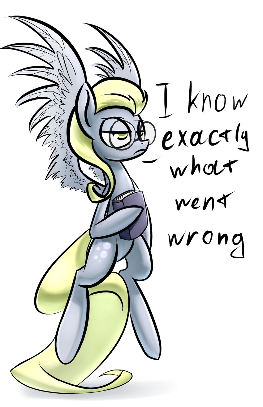 blonde_hair book cutie_mark derpy_hooves_(idw) derpy_hooves_(mlp) dialog english_text equine eyewear female friendship_is_magic fur glasses grey_fur hair idw mammal mirror_universe my_little_pony pegasus plain_background solo text underpable white_background wings yellow_eyes