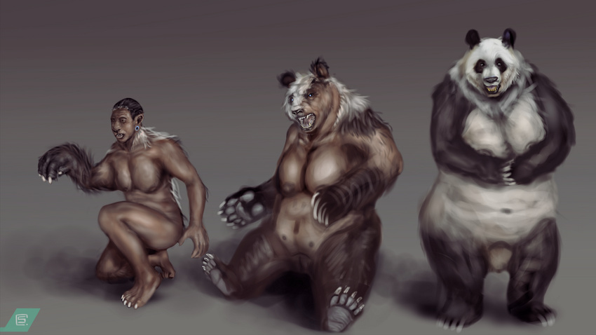 big_breasts black_fur breasts ear_piercing female fur gillpanda gillpanda_(character) human mammal navel nipples nude panda piercing pussy sequence solo splice_(artist) transformation white_fur