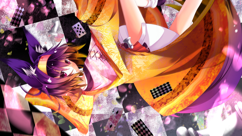 animal_ear_fluff animal_ears blush card chess_piece chessboard commentary_request fox_ears fox_tail gradient_hair hairband hatsuse_izuna highres japanese_clothes kimono looking_at_viewer multicolored_hair nagishiro_mito no_game_no_life orange_hair playing_card purple_eyes purple_hair short_hair short_kimono slit_pupils solo tail