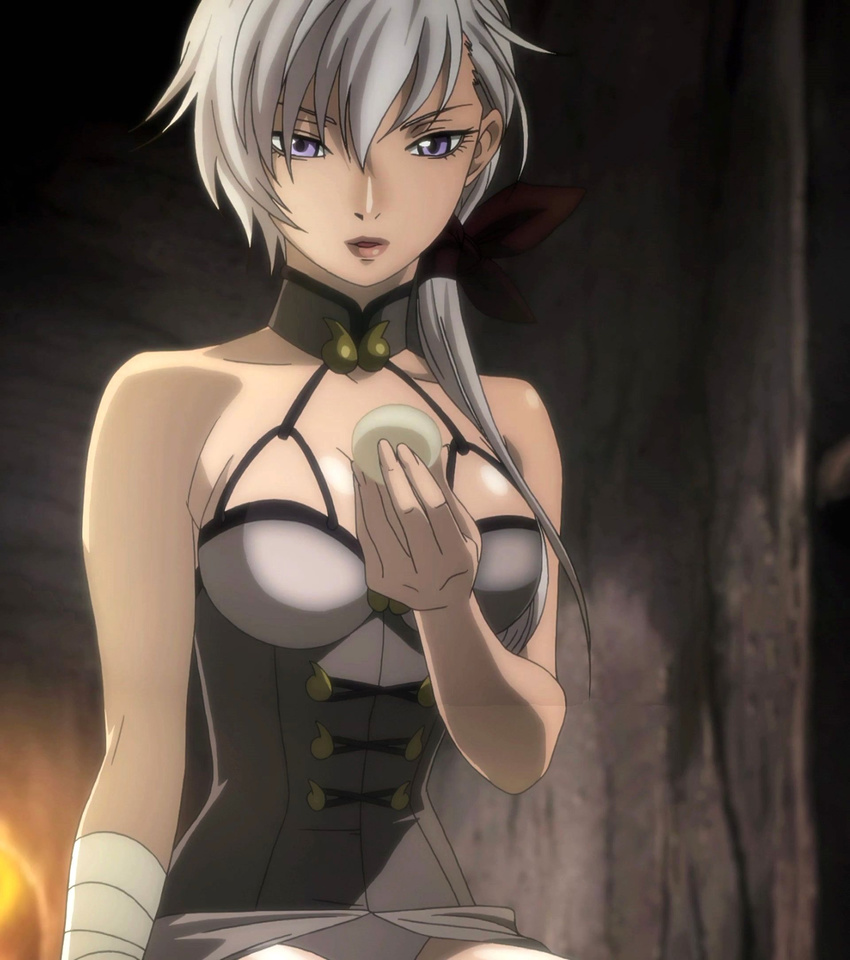 alka blade_&amp;_soul breasts collarbone food highres large_breasts open_mouth purple_eyes ribbon screencap short_hair sitting solo stitched stiting white_hair