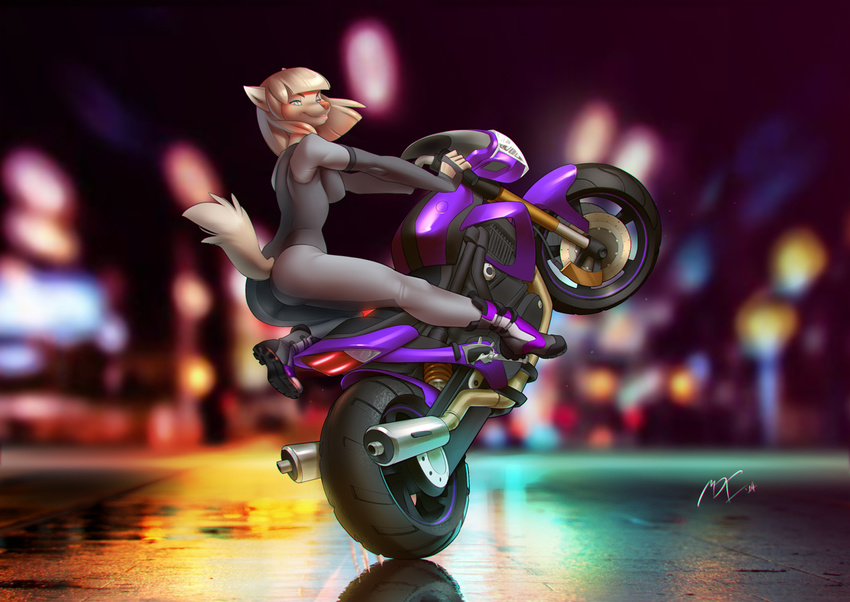 anthro blonde_hair bodysuit canine female fox hair mammal miles_df motorcycle night shoes skinsuit solo