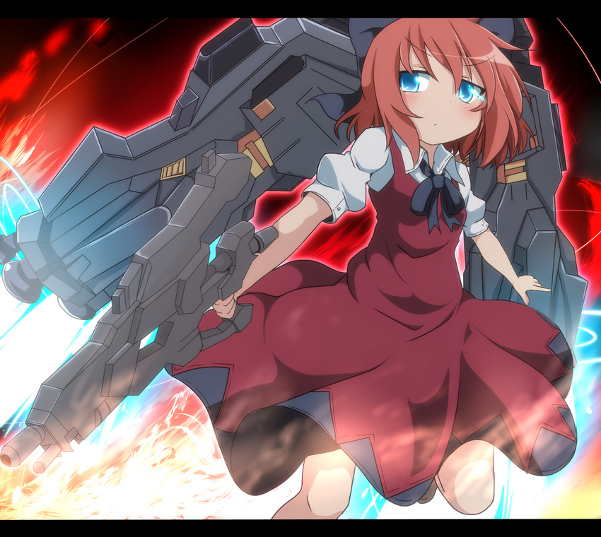 afterburner alternate_color armored_core blue_eyes bow cirno collared_shirt commentary_request determined do_(4-rt) dress fire gun hair_bow highres jetpack karasawa_(weapon) letterboxed looking_at_viewer m.u.g.e.n mecha_musume mechanical_wings nineball=cirno nineball_seraph puffy_short_sleeves puffy_sleeves purple_dress red_hair ribbon shirt short_sleeves solo touhou weapon wings