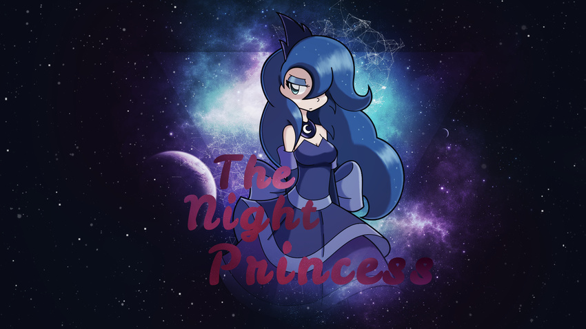 blue_eyes bow constellations crown cutie_mark dress friendship_is_magic hair half-closed_eyes human jave_the_13 long_hair mammal moon my_little_pony outer_space planet princess_luna_(mlp) royalty solo stars teal_eyes tiara
