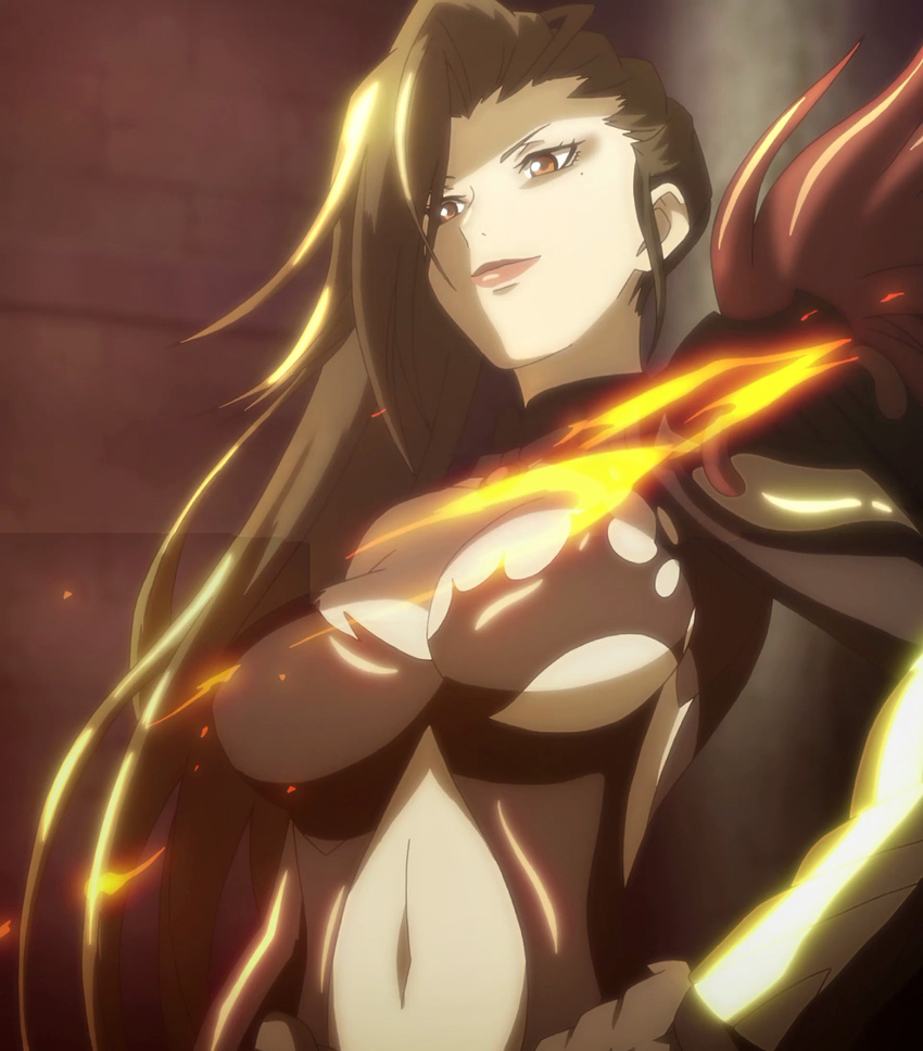 black_hair blade_&amp;_soul breasts cleavage highres large_breasts long_hair ran_yu_(blade_and_soul) red_eyes screencap smile solo standing stitched underboob