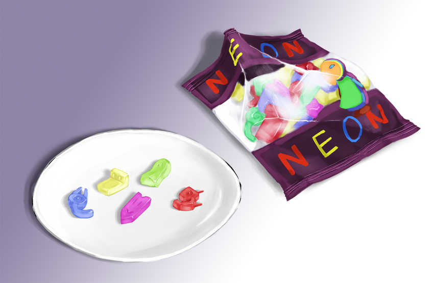 artist_request bag blue candy food fuchsia gradient gradient_background green gummy_bears juunin_juuwiro neon no_humans plate purple red yellow yume_nikki