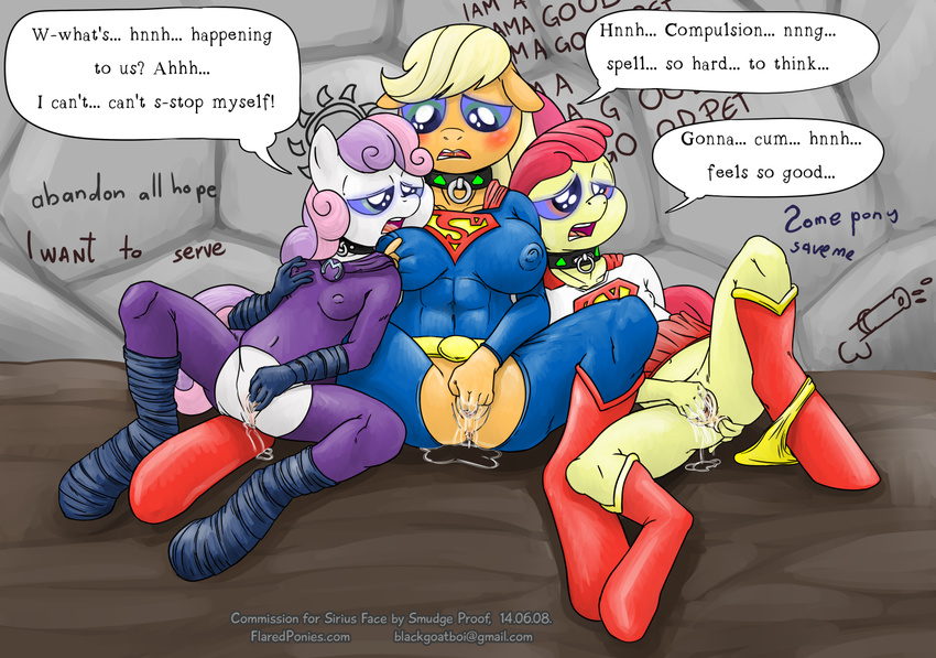anal_fingering anthro anthrofied anus apple_bloom_(mlp) applejack_(mlp) bdsm blonde_hair blush collar cosplay dialog drugs earth_pony english_text equine female fingering forced friendship_is_magic group hair horse kryptonite mammal mare_do_well_(mlp) masturbation my_little_pony open_mouth orange_body outfit ponification pony purple_hair pussy pussy_juice red_hair sex_toy smudge_proof supergirl superhero superman sweetie_belle_(mlp) sybian text two_tone_hair white_body yellow_body