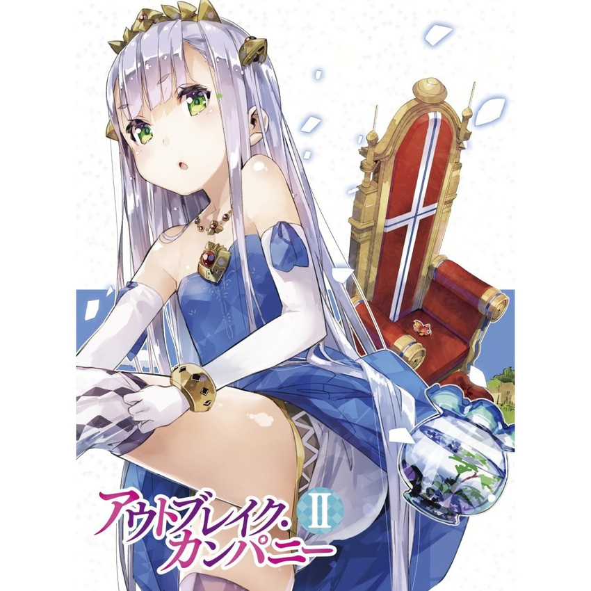 :o adjusting_clothes adjusting_legwear bow bracelet crown dress elbow_gloves empress fish gloves green_eyes grey_hair jewelry long_hair necklace open_mouth outbreak_company petralka_anne_eldant_iii ribbon skirt solo thighhighs throne tiara very_long_hair white_background white_gloves white_legwear yuugen