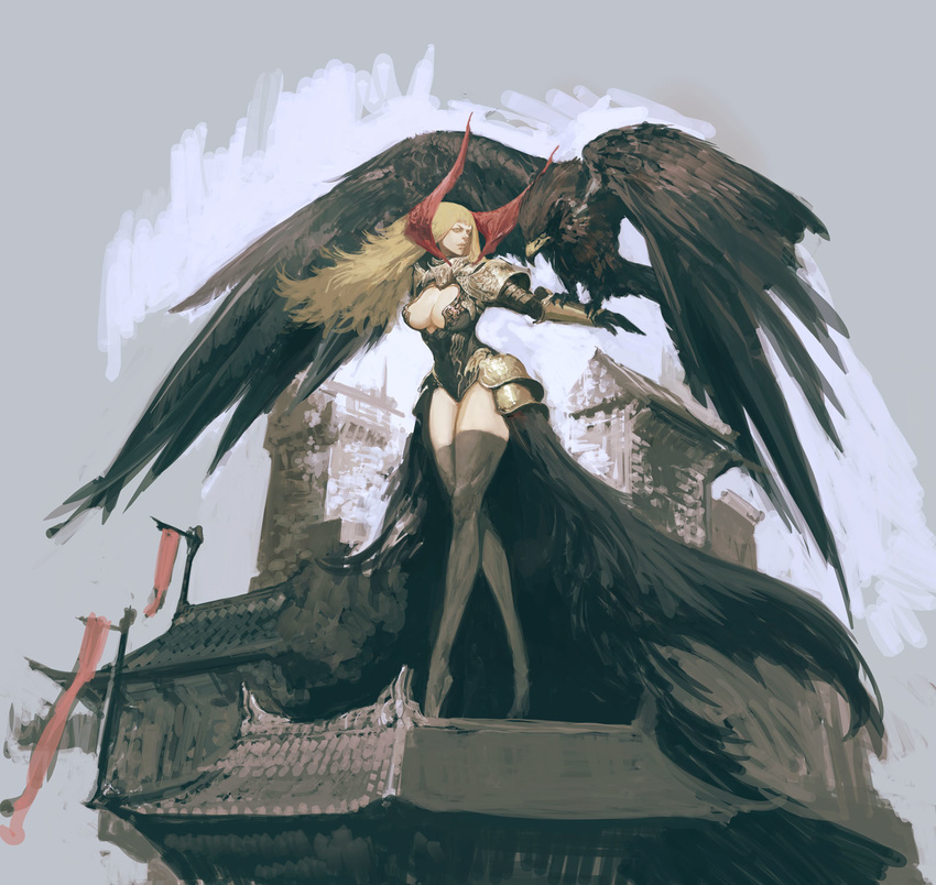 animal_on_arm bird bird_on_arm black_legwear blonde_hair breasts gloves grey_background highres ikeda_masateru large_breasts legs long_hair long_legs original solo thighhighs thighs wings